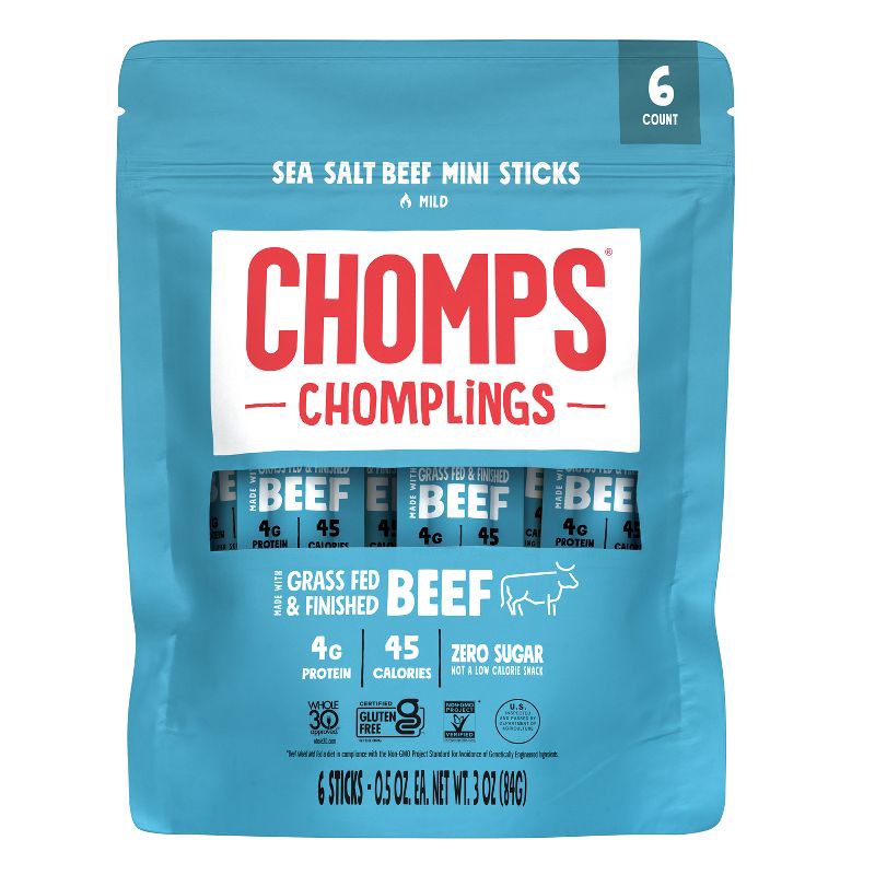 slide 1 of 7, Chomps Snack Sticks Chomps Snack Sea Salt Beef Mini Sticks - 3oz/6ct, 6 ct; 3 oz