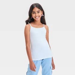 Girls' Cami Top - Cat & Jack™ White S: Cotton Blend, Adjustable Strap, Squareneck, Sleeveless, Pullover Style