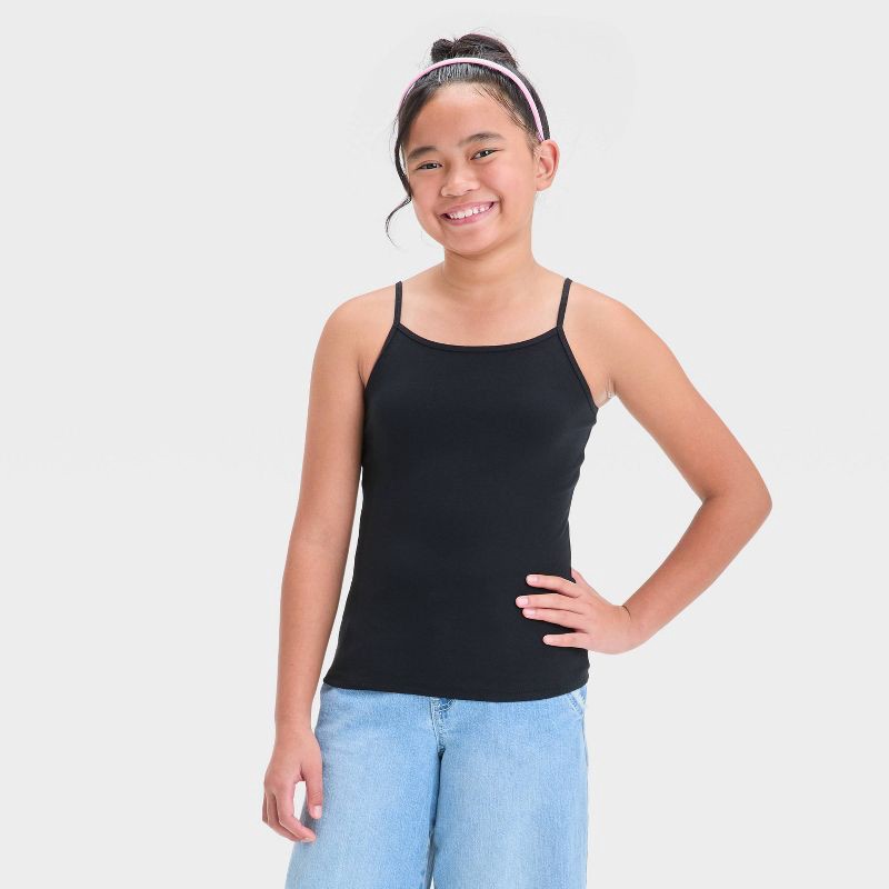 slide 1 of 3, Girls' Cami Top - Cat & Jack™ Black L: Adjustable Strap, Squareneck, Midweight Jersey, 1 ct