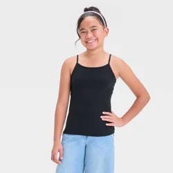 Girls' Cami Top - Cat & Jack™ Black XL: Adjustable Strap, Squareneck, Midweight Jersey