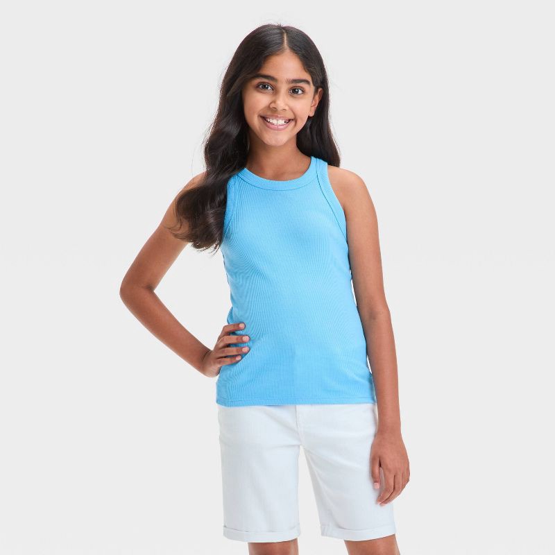 slide 1 of 3, Girls' Ribbed Tank Top - Cat & Jack™ Sky Blue M: Slim Fit, Sleeveless, Pullover, 1 ct
