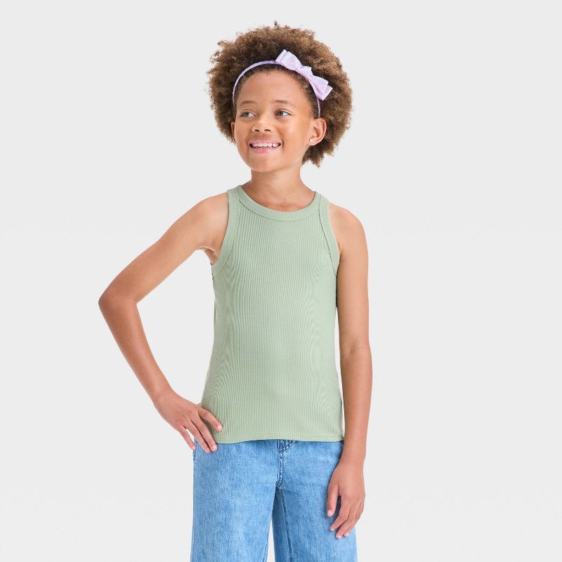 slide 1 of 3, Girls' Ribbed Tank Top - Cat & Jack™ Light Olive Green L: Slim Fit, Sleeveless, 1 ct