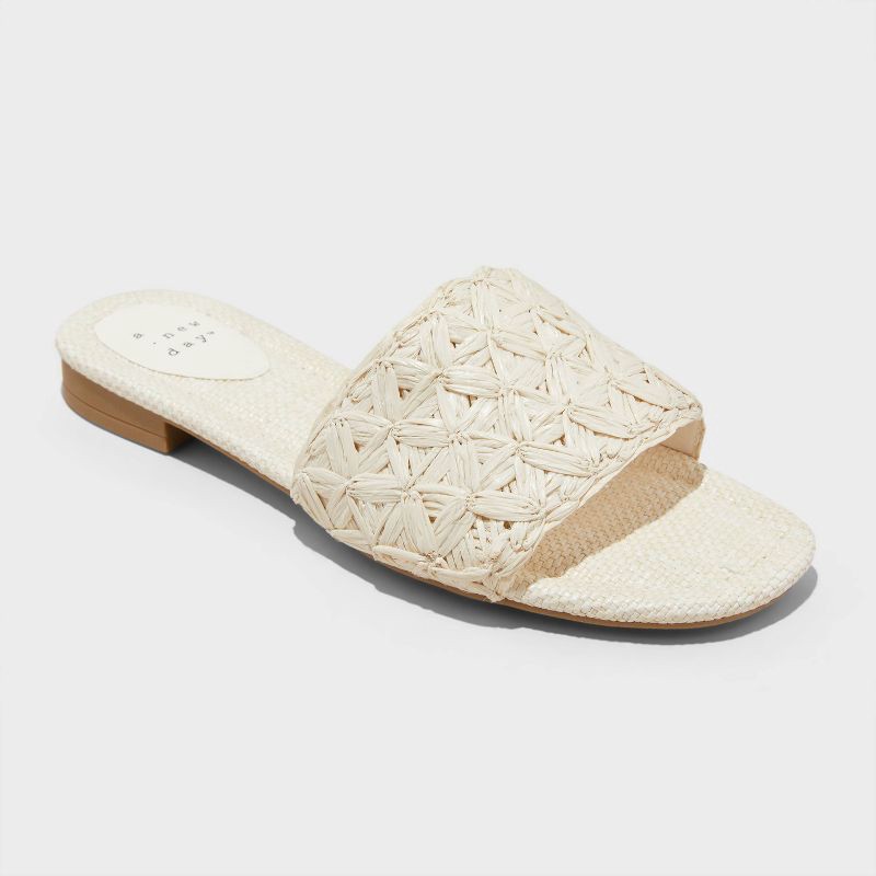 slide 1 of 4, Women's Ariella Woven Raffia Slide Sandals with Memory Foam Insole - A New Day™ White 8: Slip-On, Open Toe, Square Toe, 1 ct