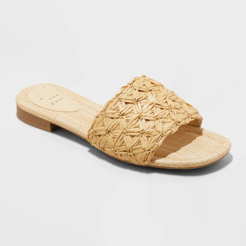slide 1 of 4, Women's Ariella Woven Raffia Slide Sandals with Memory Foam Insole - A New Day™ Tan 8.5: Open Toe, Slip On, 1 ct
