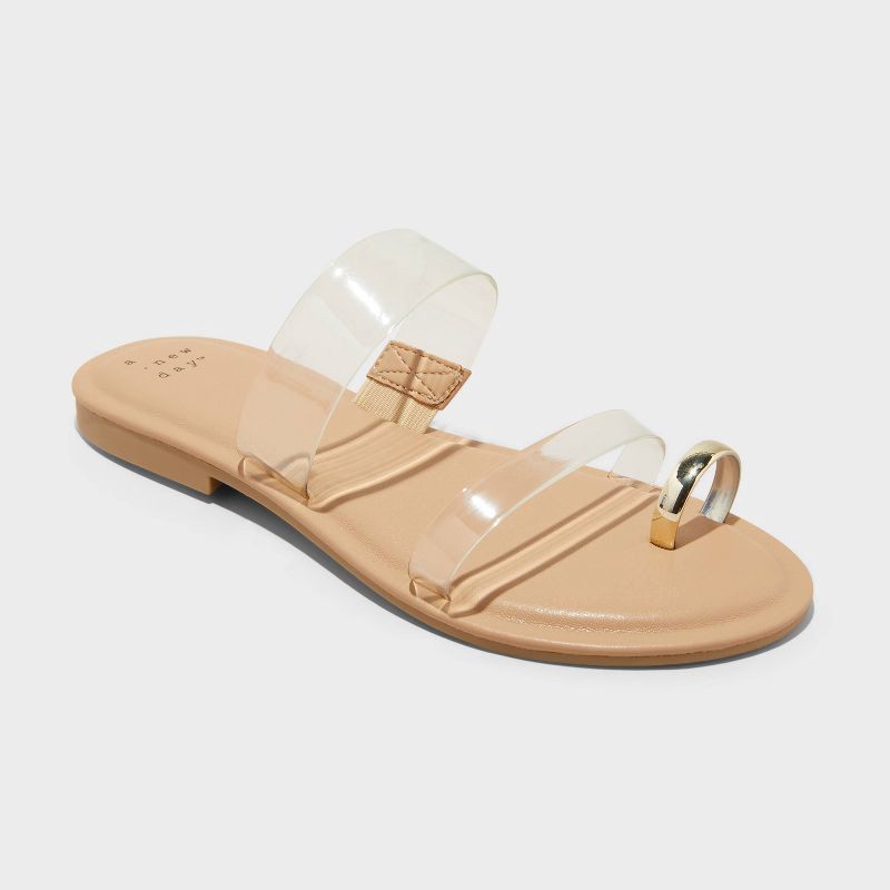 slide 1 of 4, Women's Honey Metal Toe Loop Double Band Slide Sandals with Memory Foam Insole - A New Day™ Tan 9.5: Slip-On, Textured Outsole, 1 ct