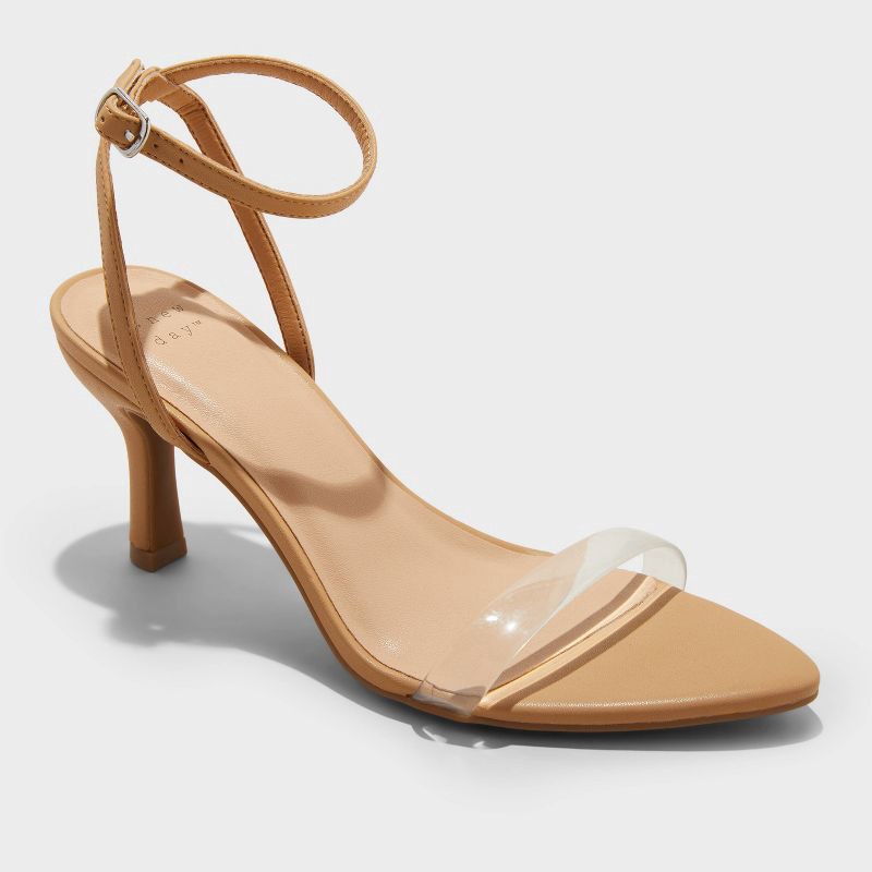 slide 1 of 4, Women's Morrigan Single Band Ankle Strap Heels - A New Day™ Tan 8: Stiletto, Open Toe, Adjustable Buckle, 1 ct
