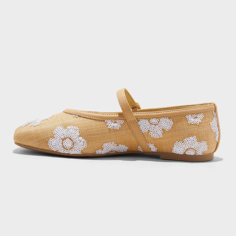 slide 2 of 4, Women's Issa Raffia Floral Sequin Mary Jane Ballet Flat with Memory Foam Insole - A New Day™ Tan 10, 1 ct