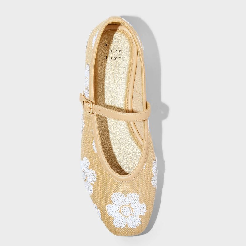 slide 3 of 4, Women's Issa Raffia Floral Sequin Mary Jane Ballet Flat with Memory Foam Insole - A New Day™ Tan 10, 1 ct