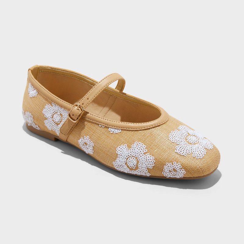 slide 1 of 4, Women's Issa Raffia Floral Sequin Mary Jane Ballet Flat with Memory Foam Insole - A New Day™ Tan 10, 1 ct