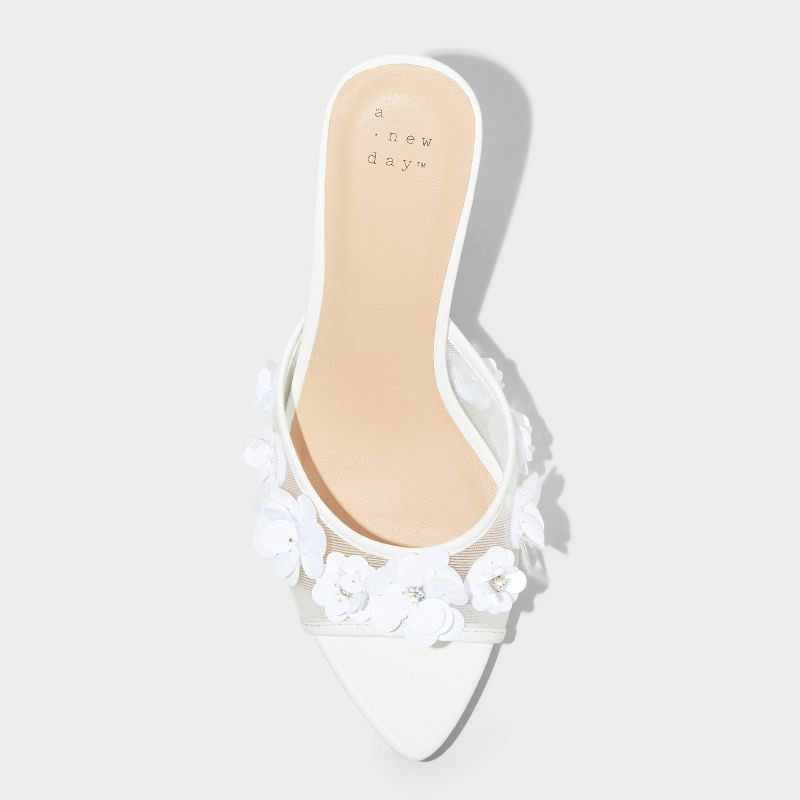 slide 3 of 4, Women's Lupita Mesh Rhinestone Peep Toe Mule Heels with Memory Foam Insole - A New Day™ White 10: Slip-On Stiletto, Medium Width, 1 ct