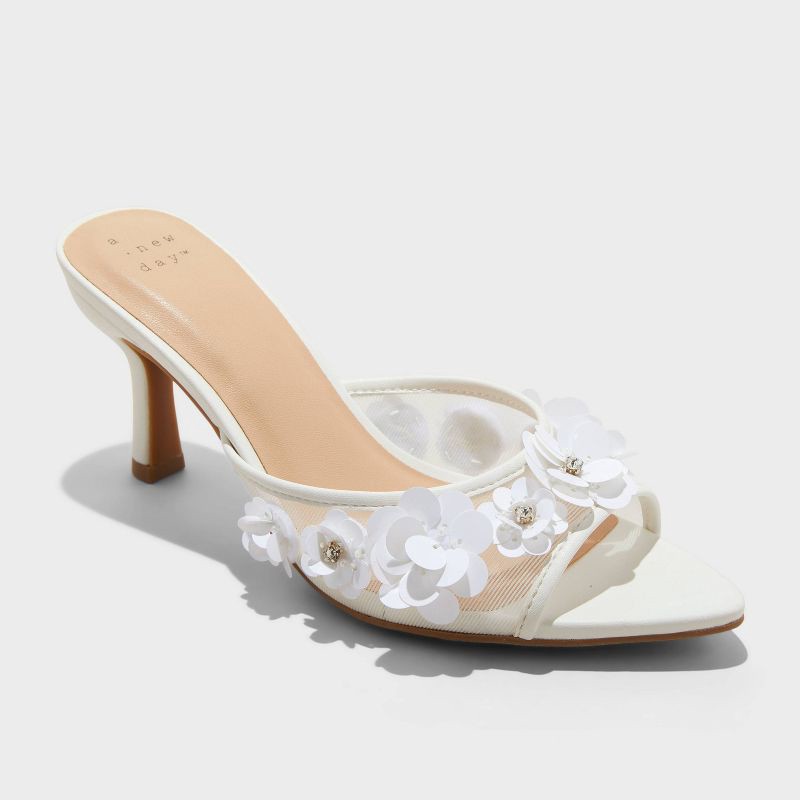 slide 1 of 4, Women's Lupita Mesh Rhinestone Peep Toe Mule Heels with Memory Foam Insole - A New Day™ White 10: Slip-On Stiletto, Medium Width, 1 ct