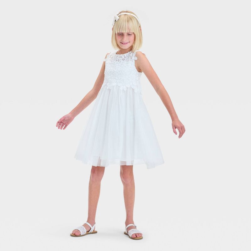 slide 3 of 3, Zenzi Girls' Cap Sleeve Lace Tulle Dress - White S: Polyester, Elastic Waist, Roundneck, A-Line, Knee Length, 1 ct