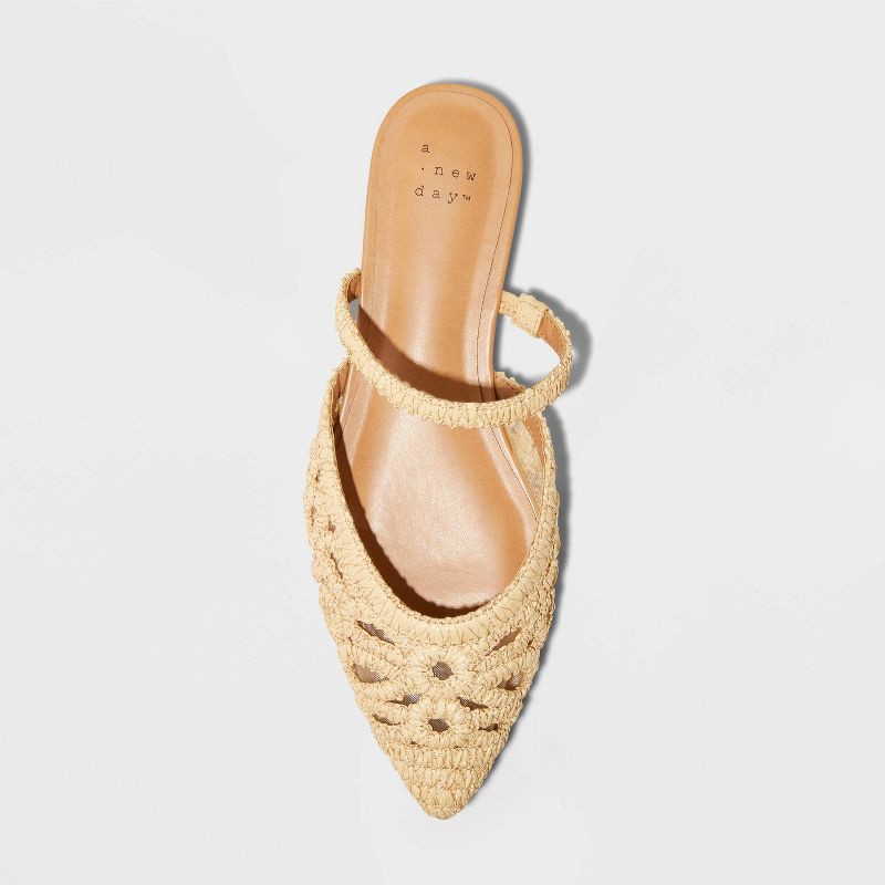 slide 3 of 4, Women's Vienna Raffia Woven Mule Flats - A New Day™ Tan 7.5: Slip-On, Memory Foam, Pointed Toe, 1 ct