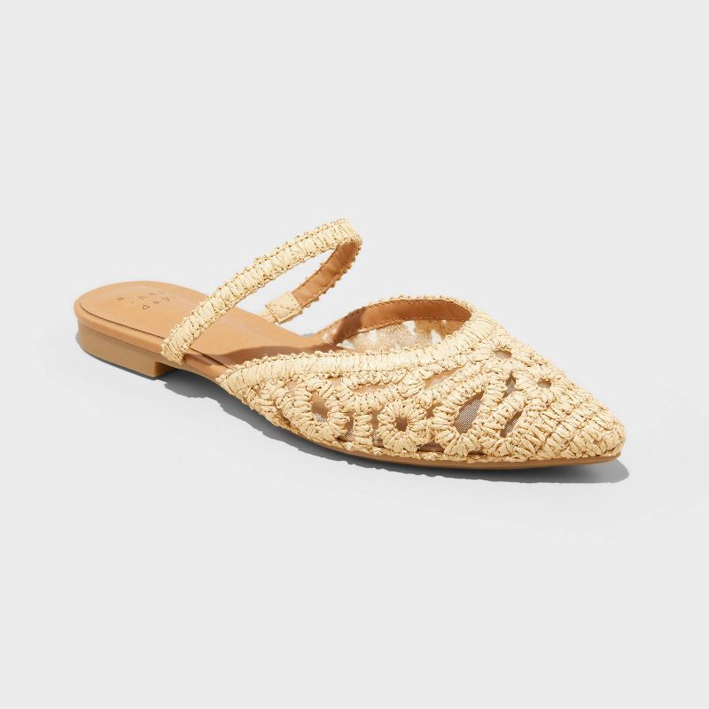 slide 1 of 4, Women's Vienna Raffia Woven Mule Flats - A New Day™ Tan 7.5: Slip-On, Memory Foam, Pointed Toe, 1 ct