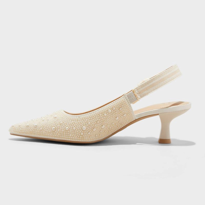 slide 2 of 4, Women's Milan Pearl Slingback Heels - A New Day™ Ivory 6: Satin Pointed Toe Pumps, Cushioned Insole, Textured Outsole, 1 ct