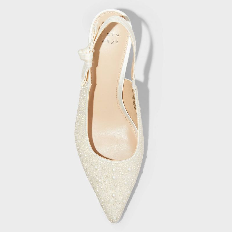 slide 3 of 4, Women's Milan Pearl Slingback Heels - A New Day™ Ivory 6: Satin Pointed Toe Pumps, Cushioned Insole, Textured Outsole, 1 ct