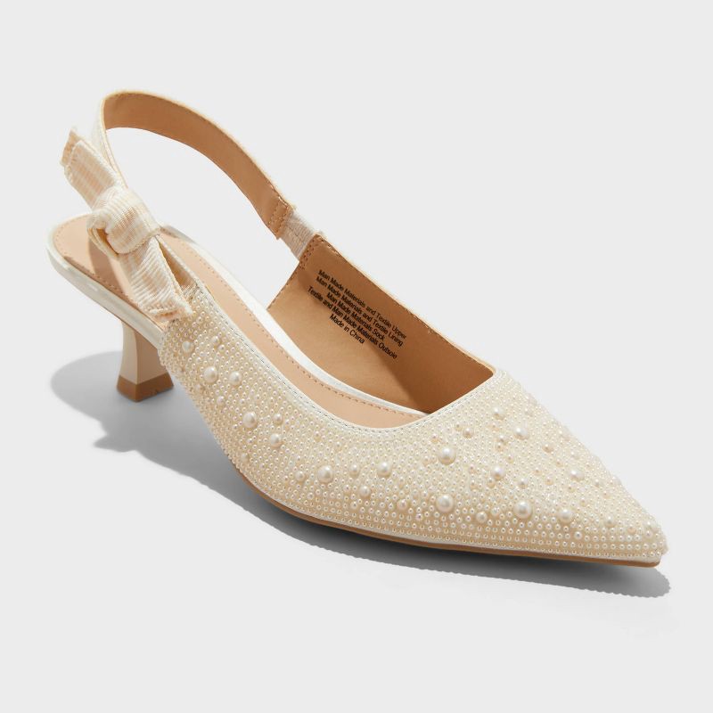 slide 1 of 4, Women's Milan Pearl Slingback Heels - A New Day™ Ivory 6: Satin Pointed Toe Pumps, Cushioned Insole, Textured Outsole, 1 ct