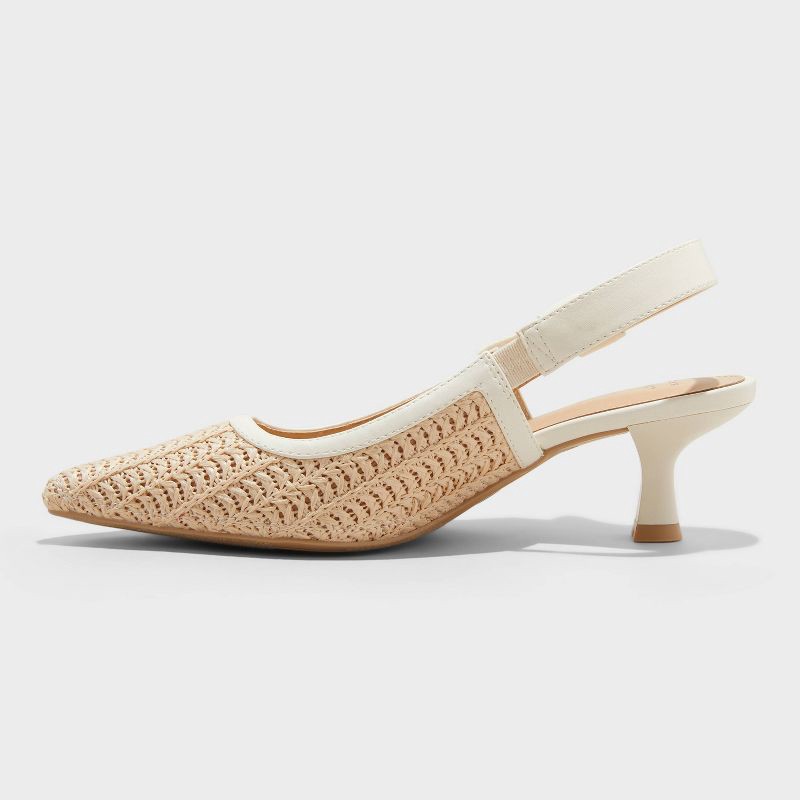 slide 2 of 4, Women's Milan Raffia Slingback Heels - A New Day™ Beige 7.5: Cushioned Insole, Pointed Toe, Textured Outsole, Medium Width, 1 ct