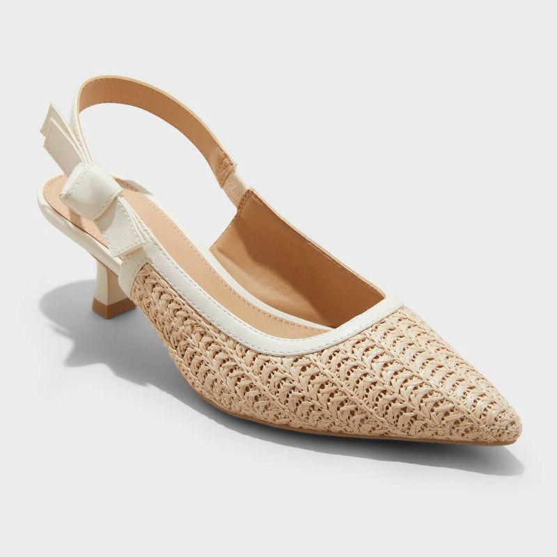 slide 1 of 4, Women's Milan Raffia Slingback Heels - A New Day™ Beige 7.5: Cushioned Insole, Pointed Toe, Textured Outsole, Medium Width, 1 ct