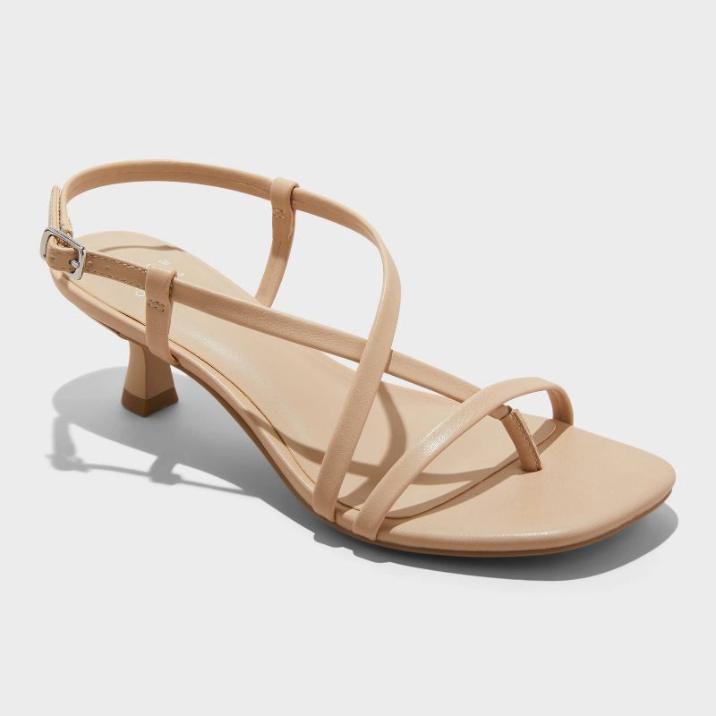 slide 1 of 4, Women's Reggie Toe Thong Strappy Heels - A New Day™ Tan 11: Faux Leather, Cushioned Insole, Buckle Closure, 1 ct