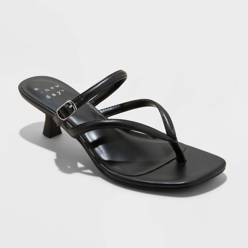 slide 1 of 4, Women's Sayler Thong Heels - A New Day™ Black 7: Slip-On T-Strap, Cushioned Insole, Faux Leather, 2" Louis Heel, Open Toe, 1 ct