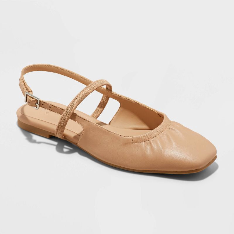 slide 1 of 4, Women's Vada Slingback Scrunch Toe Flats - A New Day™ Tan 7: Memory Foam Insole, Faux Leather, 1 ct