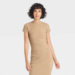 Women's Boucle Short Sleeve Crewneck Pullover Sweater - A New Day™ Tan XL