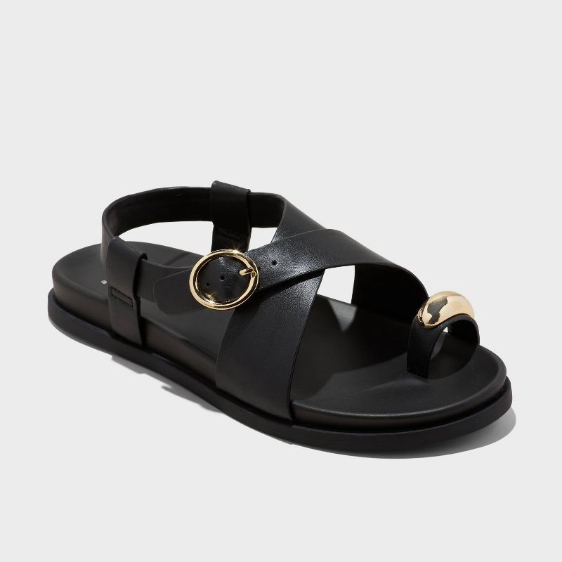 slide 1 of 4, Women's Penelope Toe Ring Footbed Sandals - A New Day™ Black 6: Contoured Platform, Buckle Closure, 1 ct