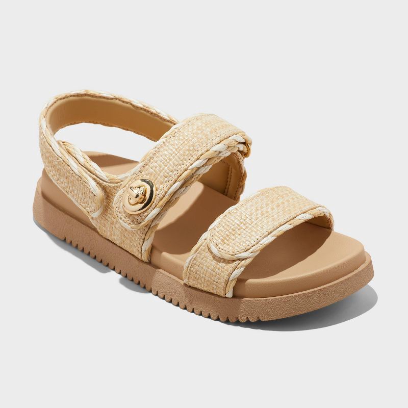 slide 1 of 4, Women's Tilly Raffia Platform Footbed Sandals - A New Day™ Tan 11: Cushioned Insole, Hook and Loop Closure, 1 ct