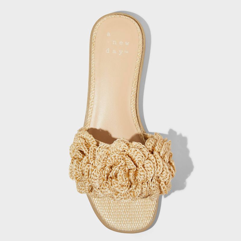 slide 3 of 4, Women's Coco Raffia Flower Slide Sandals - A New Day™ Tan 6: Memory Foam Insole, Open Toe, 1 ct