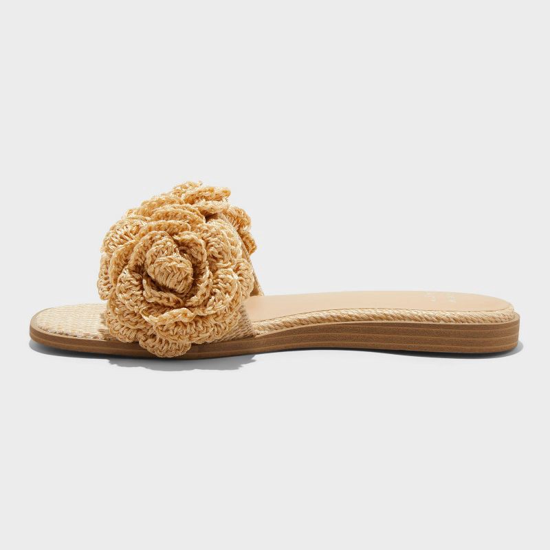 slide 2 of 4, Women's Coco Raffia Flower Slide Sandals - A New Day™ Tan 11: Memory Foam Insole, Open Toe, 1 ct