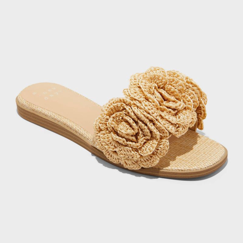 slide 1 of 4, Women's Coco Raffia Flower Slide Sandals - A New Day™ Tan 11: Memory Foam Insole, Open Toe, 1 ct