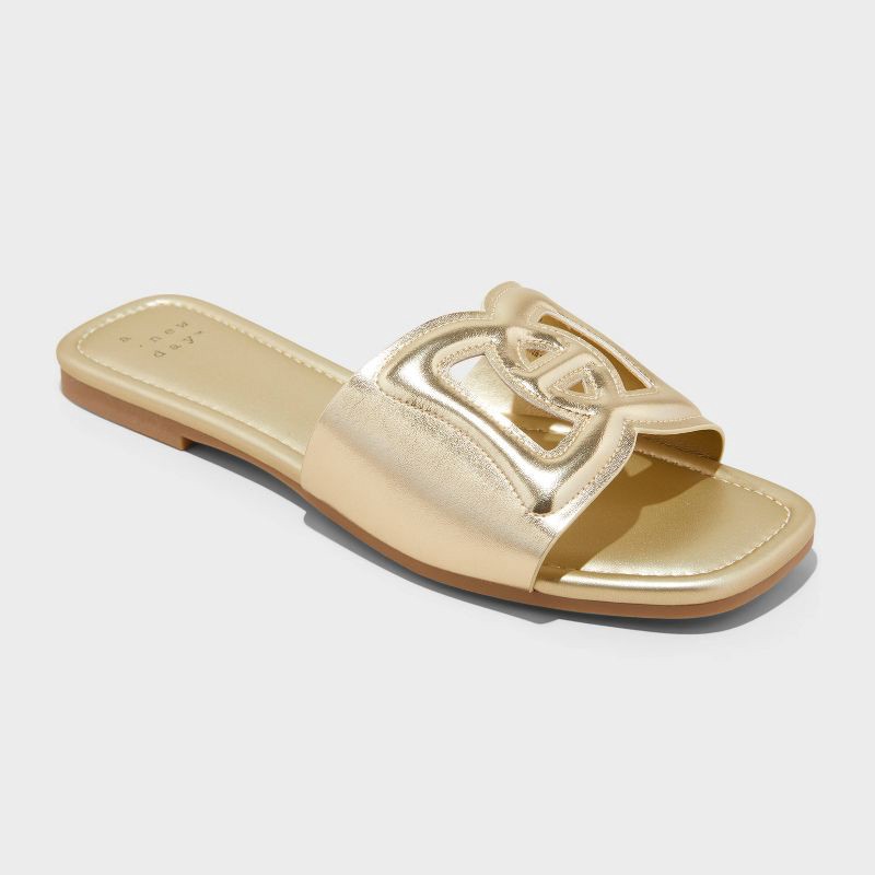 slide 1 of 4, Women's Deidra Slide Sandals - A New Day™ Gold 7.5: Memory Foam, Open Toe, Block Heel, 1 ct