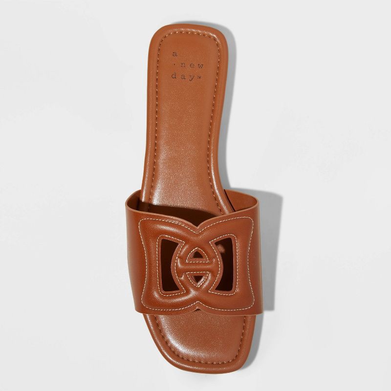 slide 3 of 4, Women's Deidra Slide Sandals - A New Day™ Cognac 8: Slip On, Memory Foam Insole, Block Heel, Open Toe, Textured Outsole, 1 ct