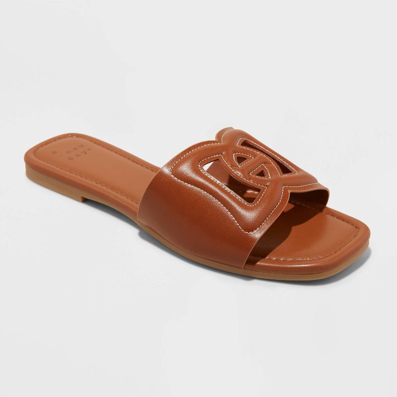 slide 1 of 4, Women's Deidra Slide Sandals - A New Day™ Cognac 8: Slip On, Memory Foam Insole, Block Heel, Open Toe, Textured Outsole, 1 ct
