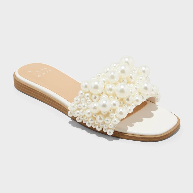 slide 1 of 4, Women's Nylah Pearl Slide Sandals - A New Day™ Cream 6: Memory Foam, Open Toe, Faux Leather, 1 ct