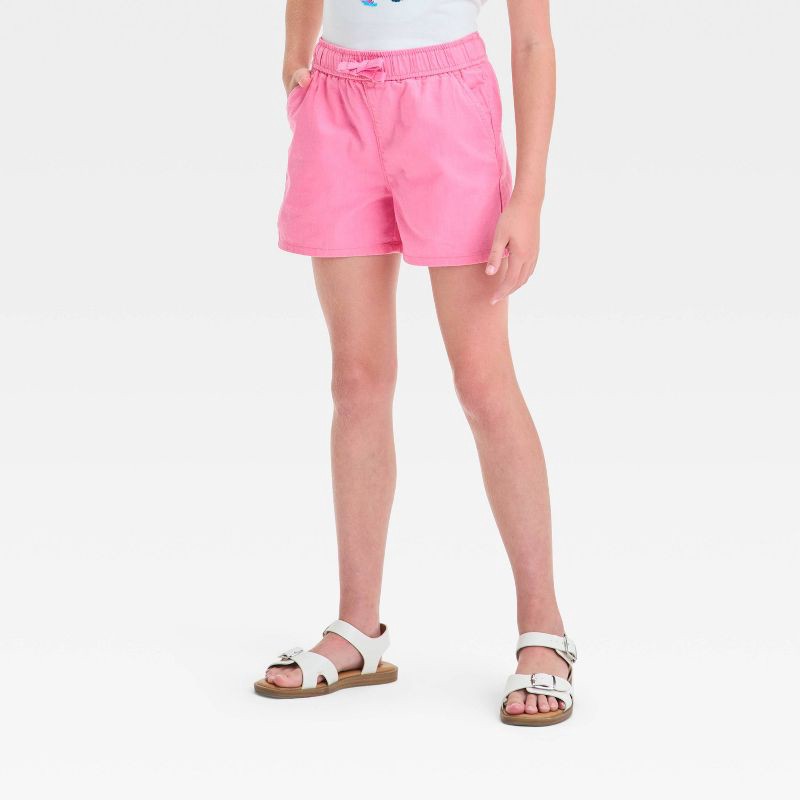 slide 1 of 3, Girls' Pull-On Woven Shorts - Cat & Jack™ Pink XS: Adjustable Waistband, Mid Rise, 2.25" Inseam, 1 ct
