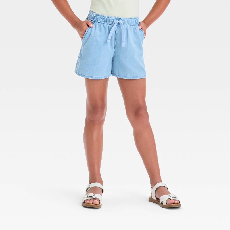 slide 1 of 3, Girls' Pull-On Woven Shorts - Cat & Jack™ Light Wash XS: Midweight Cotton Blend, Adjustable Waistband, 2.25" Inseam, 1 ct