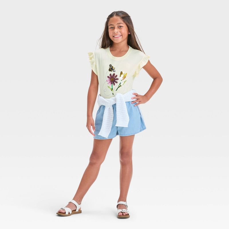 slide 3 of 3, Girls' Pull-On Woven Shorts - Cat & Jack™ Light Wash XS: Midweight Cotton Blend, Adjustable Waistband, 2.25" Inseam, 1 ct