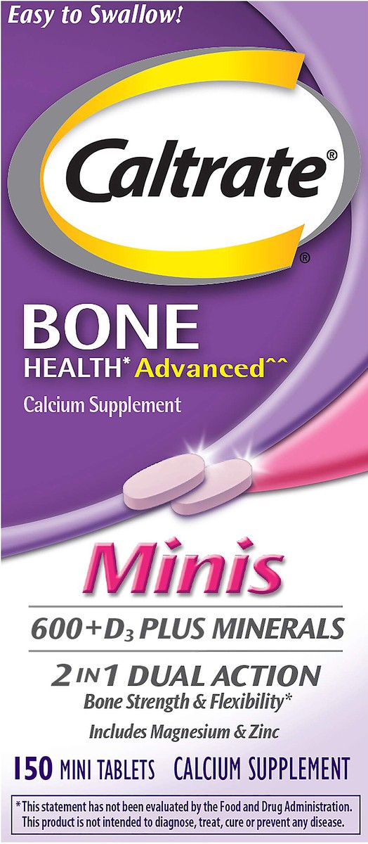 slide 4 of 7, Caltrate 600+D3 Plus Minerals Mini (150 Count) Calcium & Vitamin D3 Supplement Mini Tablet, 600 mg, 150 ct