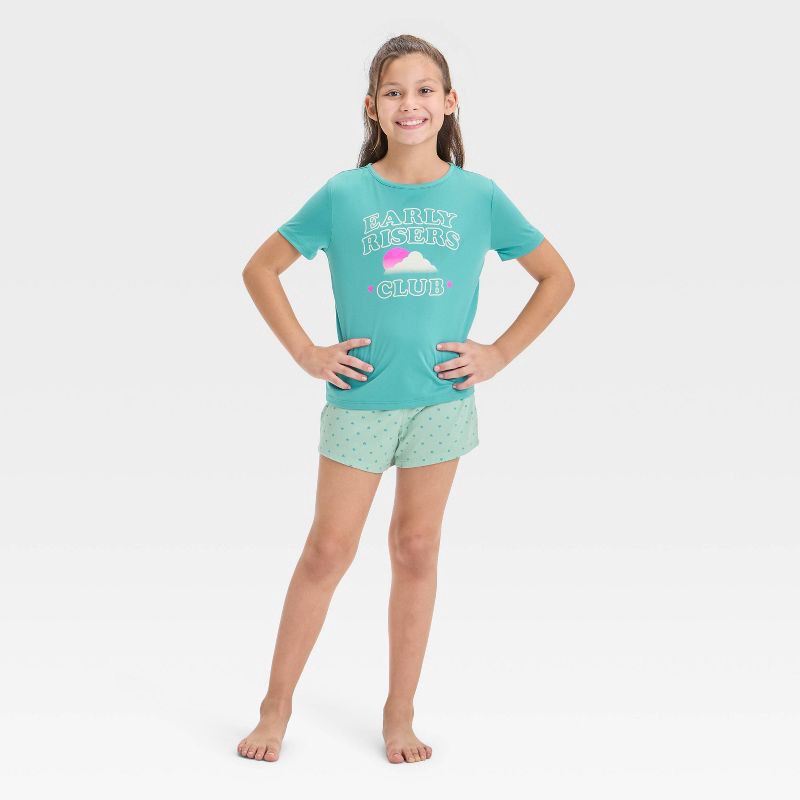 slide 3 of 4, Girls' 3pc 'Cloud Early Risers' Printed Short Sleeve Pajama Set - Cat & Jack™ Pink/Green XL: Typography Pattern, 3 ct