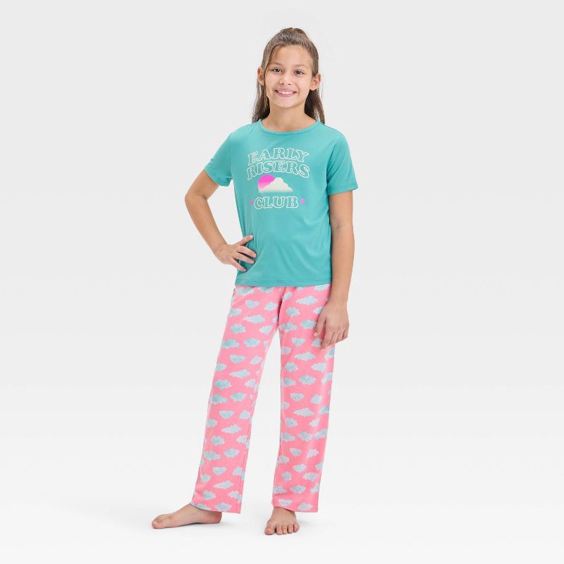 slide 1 of 4, Girls' 3pc 'Cloud Early Risers' Printed Short Sleeve Pajama Set - Cat & Jack™ Pink/Green XL: Typography Pattern, 3 ct
