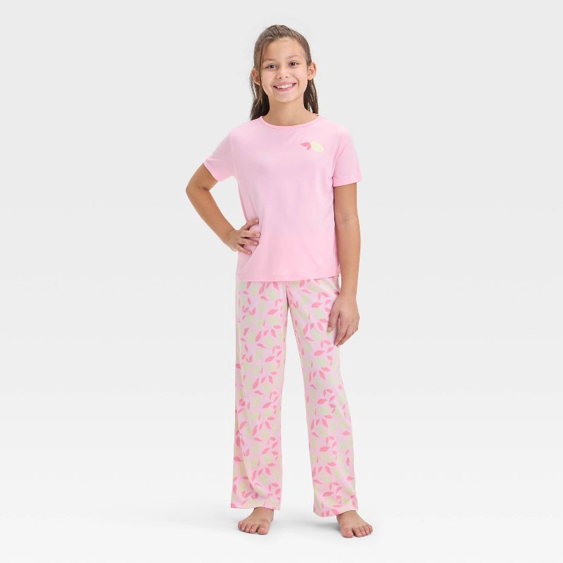 slide 1 of 4, Girls' 3pc 'Lemons' Printed Short Sleeve Pajama Set - Cat & Jack™ Pink S: Recycled Polyester, Crew Neck, Knit Fabric, 3 ct