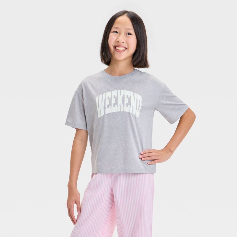 slide 3 of 4, Girls' 'Poplin/Weekend Striped' Short Sleeve Graphic T-Shirt and Pants Pajama Set - art class™ Pink M, 1 ct