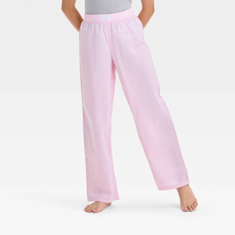 slide 4 of 4, Girls' 'Poplin/Weekend Striped' Short Sleeve Graphic T-Shirt and Pants Pajama Set - art class™ Pink M, 1 ct