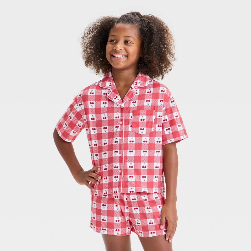slide 3 of 4, Girls' 'Cherry/Gingham' Short Sleeve Button-Up Pajama Set - art class™ White/Red XL: Recycled Polyester,, 1 ct