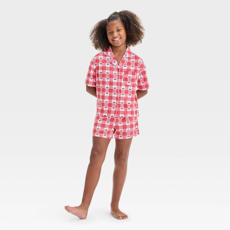 slide 1 of 4, Girls' 'Cherry/Gingham' Short Sleeve Button-Up Pajama Set - art class™ White/Red XL: Recycled Polyester,, 1 ct