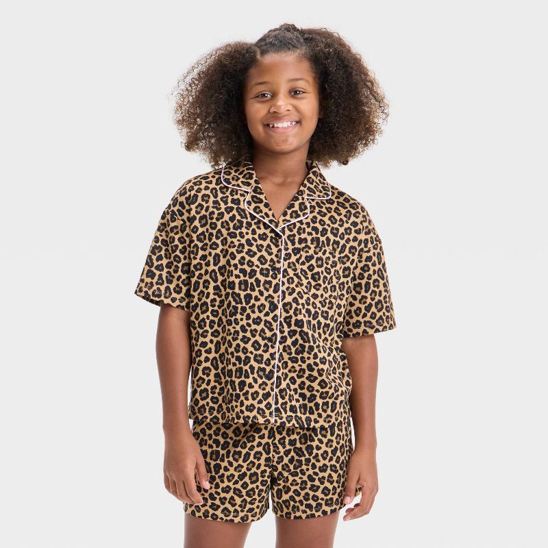 slide 3 of 4, Girls' 'Leopard Printed' Short Sleeve Button-Up Pajama Set - art class™ Brown XL: Animal Print, Notched Collar,, 1 ct