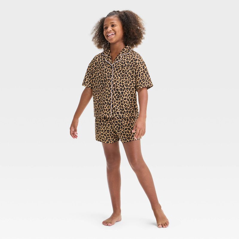 slide 1 of 4, Girls' 'Leopard Printed' Short Sleeve Button-Up Pajama Set - art class™ Brown XL: Animal Print, Notched Collar,, 1 ct