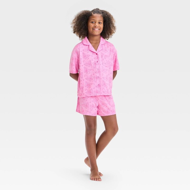 slide 1 of 4, Girls' 'Butterflies' Short Sleeve Button-Up Pajama Set - art class™ Pink XXL: Recycled Polyester, Notched Collar, Knit Fabric, 1 ct